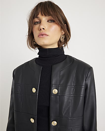 Black Faux Leather Long Sleeve Jacket