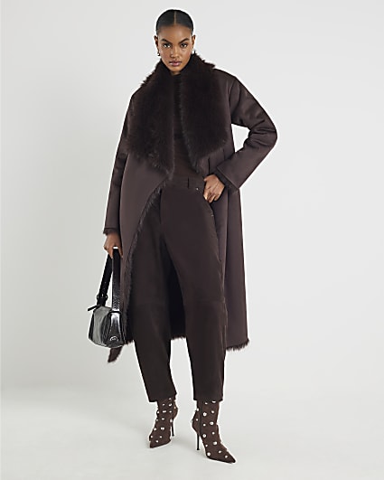 Brown Waterfall Faux Fur Coat