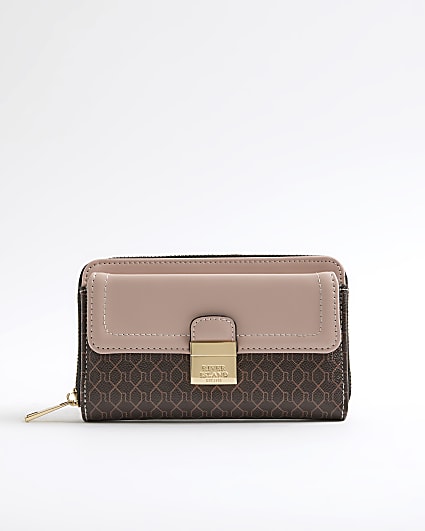 Pink RI Monogram Print Lock Front Purse