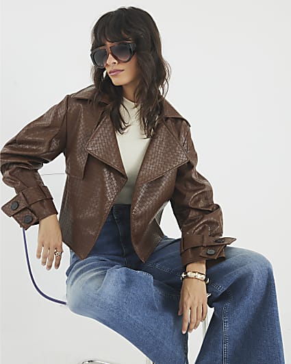 Brown Faux Leather Woven Trench jacket
