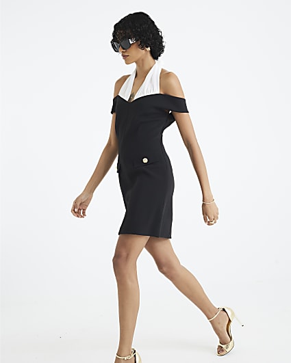 Black Halter Neck Shell Detail Mini Dress