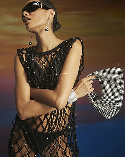 Silver Premium Diamante Scoop Clutch bag