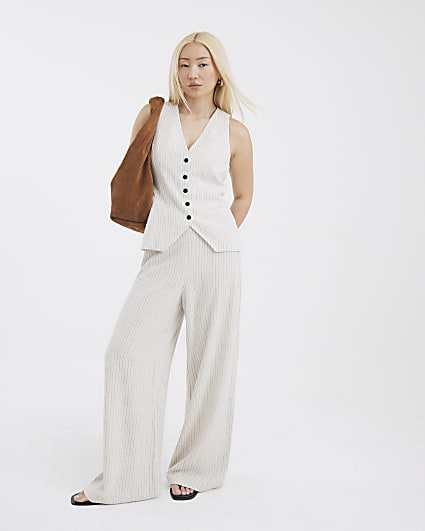 Stone Stripe Linen Blend Wide Leg Trousers