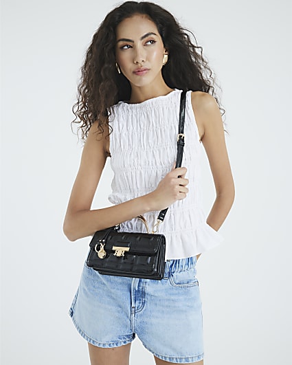 Black Metal Handle Quilted Tote Bag