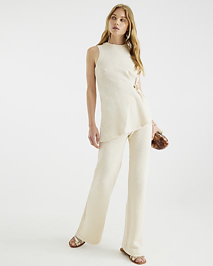 Cream Textured Wide Leg Trousers
