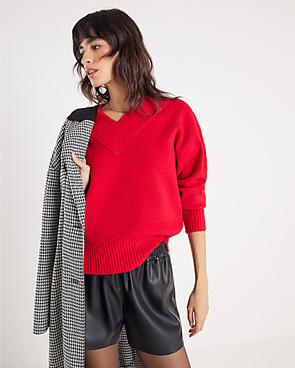 Red Knitted V Neck Jumper
