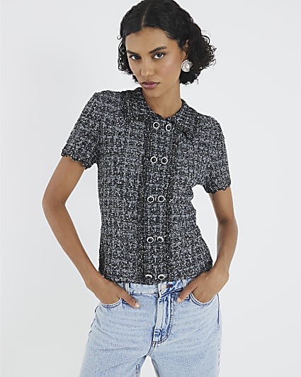 Grey Button Detail Boucle Collared Top