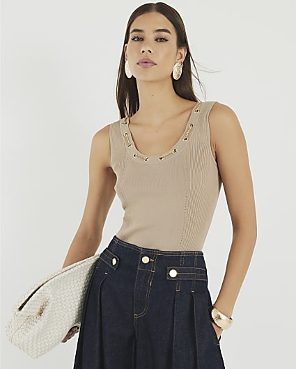 Brown Sleeveless Chain Detail Vest Top