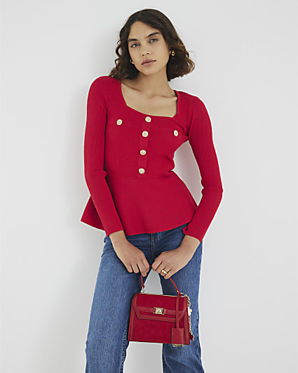 Red Knitted Long Sleeve Peplum Top