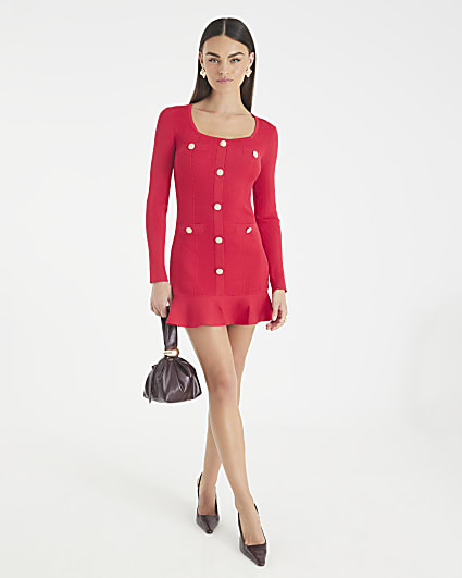 Red Knitted Long Sleeve Peplum Mini Dress