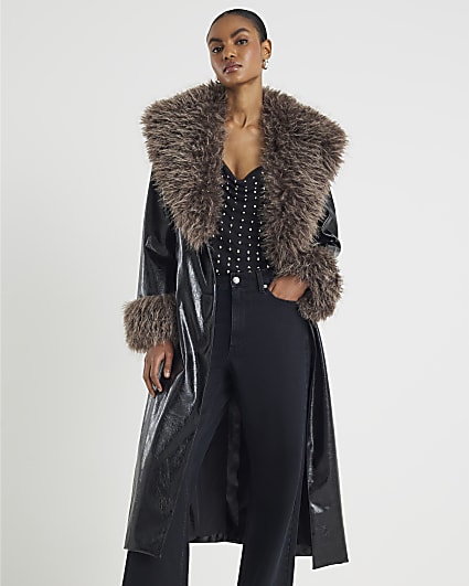 Black Faux Fur Collar Trench Coat