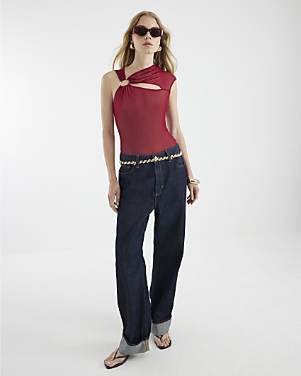 Red Sleeveless Cut Out Mesh Bodysuit
