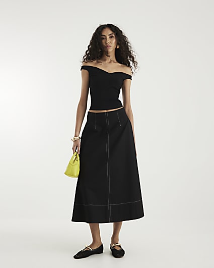 Black Sleeveless Ribbed Bardot Top