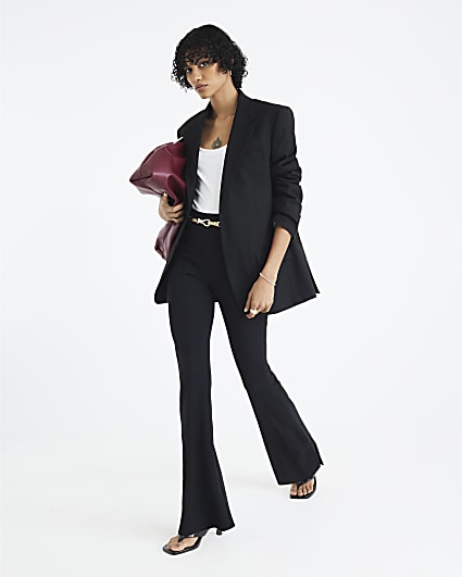 Black Ribbed Belted Flare Trousers