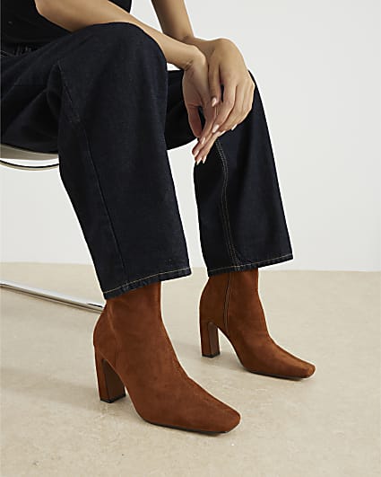 Brown Faux Suedette Square Heel Boots