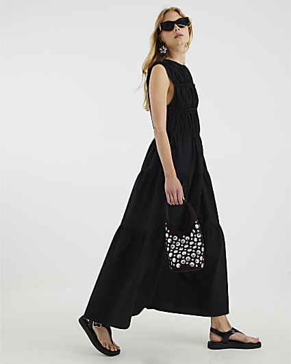 Black Drawstring Tiered Maxi Dress