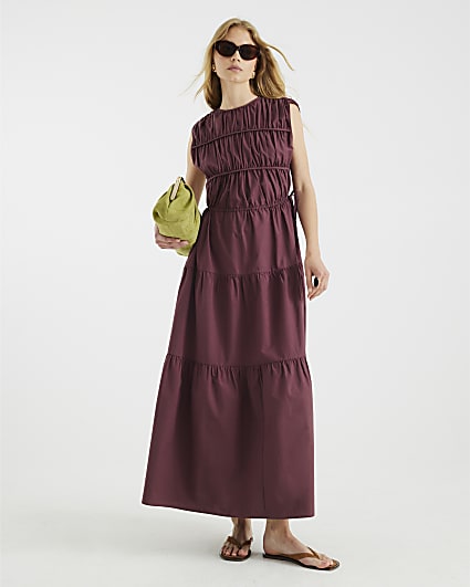 Purple Drawstring Tiered Maxi Dress