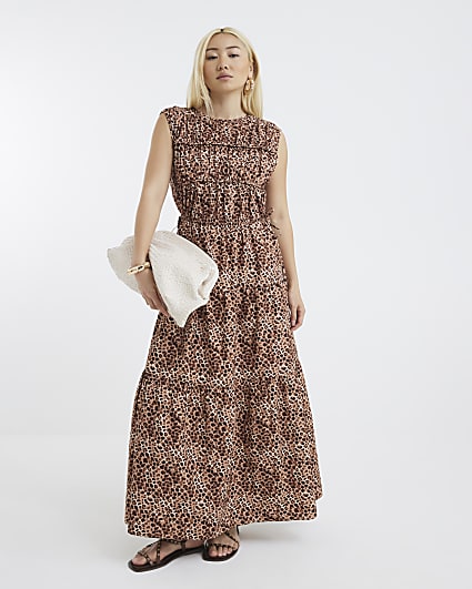 Beige Drawstring Tiered Leopard Maxi Dress