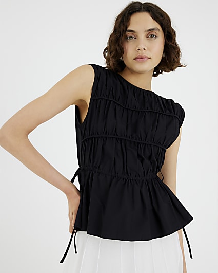Black Tiered String Detail Peplum Top