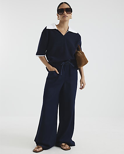 Petite Dark Blue Wide Leg Pyjama Style Jeans