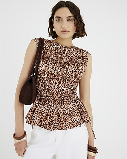 Beige Leopard Print Tiered String Peplum Top