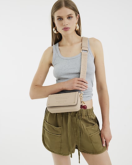 Beige Embossed Flap Cross Body Bag