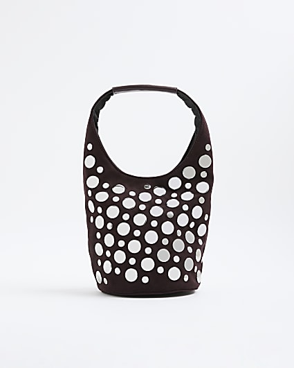 Red Faux Suede Studded Bucket Shoulder Bag