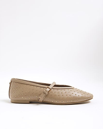 Beige Studded Mary Jane Ballet Pumps