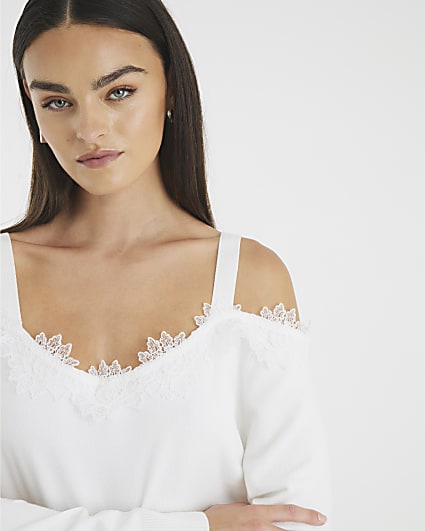 White Knitted Lace Trim Cut Out Shoulder Top