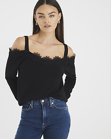 Black Lace Trim Cut Out Shoulder Top