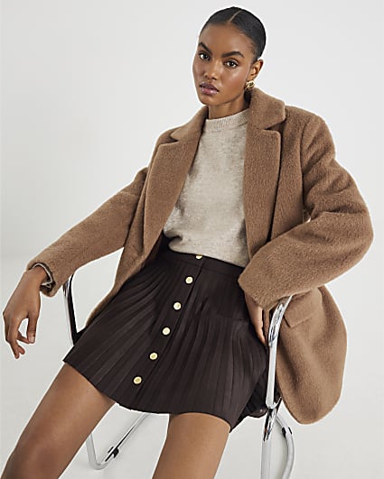 Brown Faux Suede Pleated Mini Skirt
