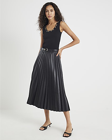 Black Belted Pleated Midi Skirt