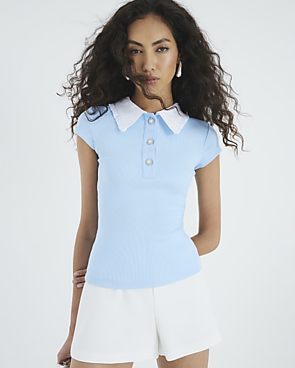 Blue Short Sleeve Diamante Button Polo Top
