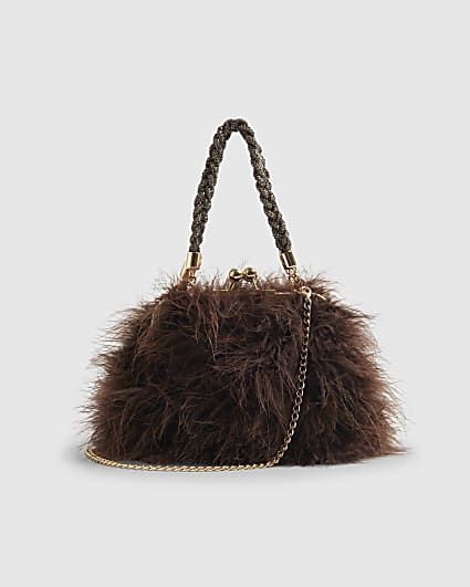 Brown Diamante Handle Feather Clutch Bag