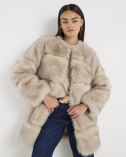 Cream Panelled Faux Fur Coat