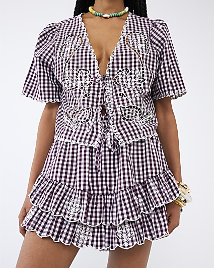Red Gingham Embroidered Cutwork Skort