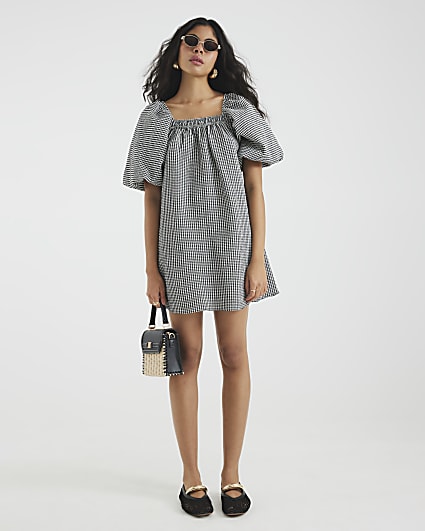 Black Gingham Puff Sleeve Mini Dress