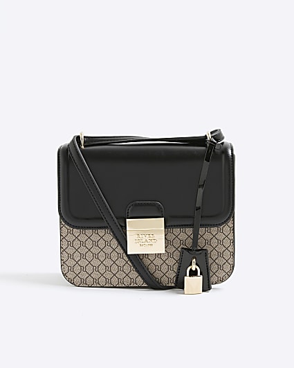 Black Monogram Print Lock Front Satchel Bag