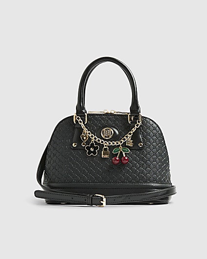 Black Embossed Monogram Print Charm Tote Bag