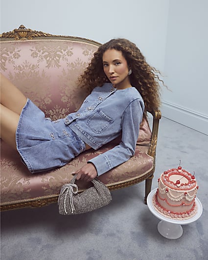 Blue Denim Diamante Bow Button Skort
