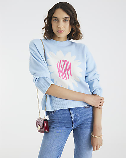 Blue Knitted Flower Graphic Crew Neck Jumper