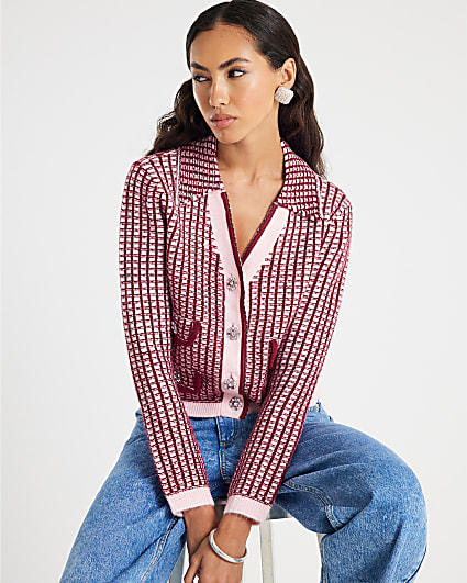 Pink Boucle Check Print Collared Cardigan