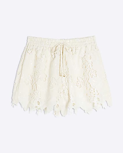 Petite Cream Cutwork Sequin Shorts