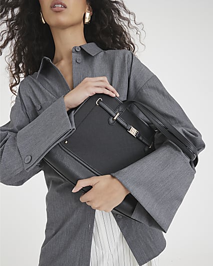 Black RI Monogram Lock Tote Bag