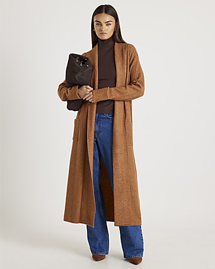 Brown Belted Shawl Maxi Cardi