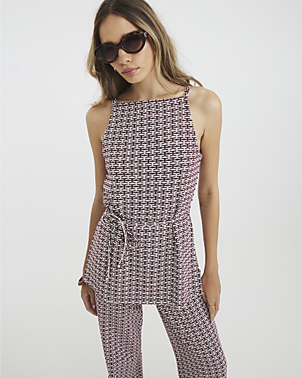 Red Sleeveless Geometric Print Tunic Top