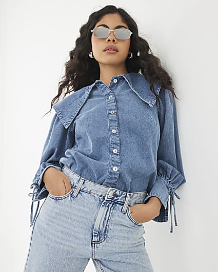 Blue Denim Long Sleeve Collared Shirt