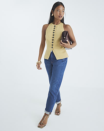 Petite Blue High Rise Mom Jeans