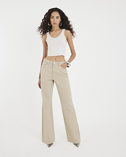 Beige High Rise Diamante Loose Wide Leg Jeans