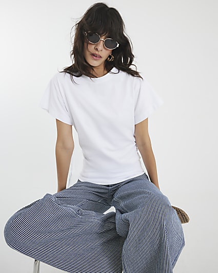 White Ruched Side Kimono Sleeve T-shirt